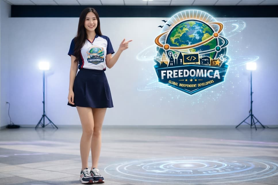 Freedomica ambassador presenting the brand emblem in a studio