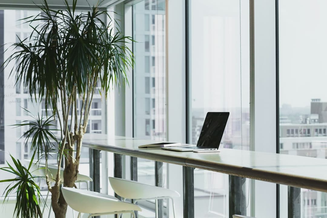 Laptop on a desk by a bright office window